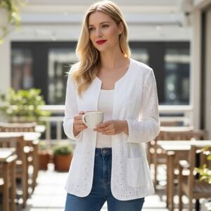 Tanjay  White Lace eyelet lightweight open front jacket with pockets Size L